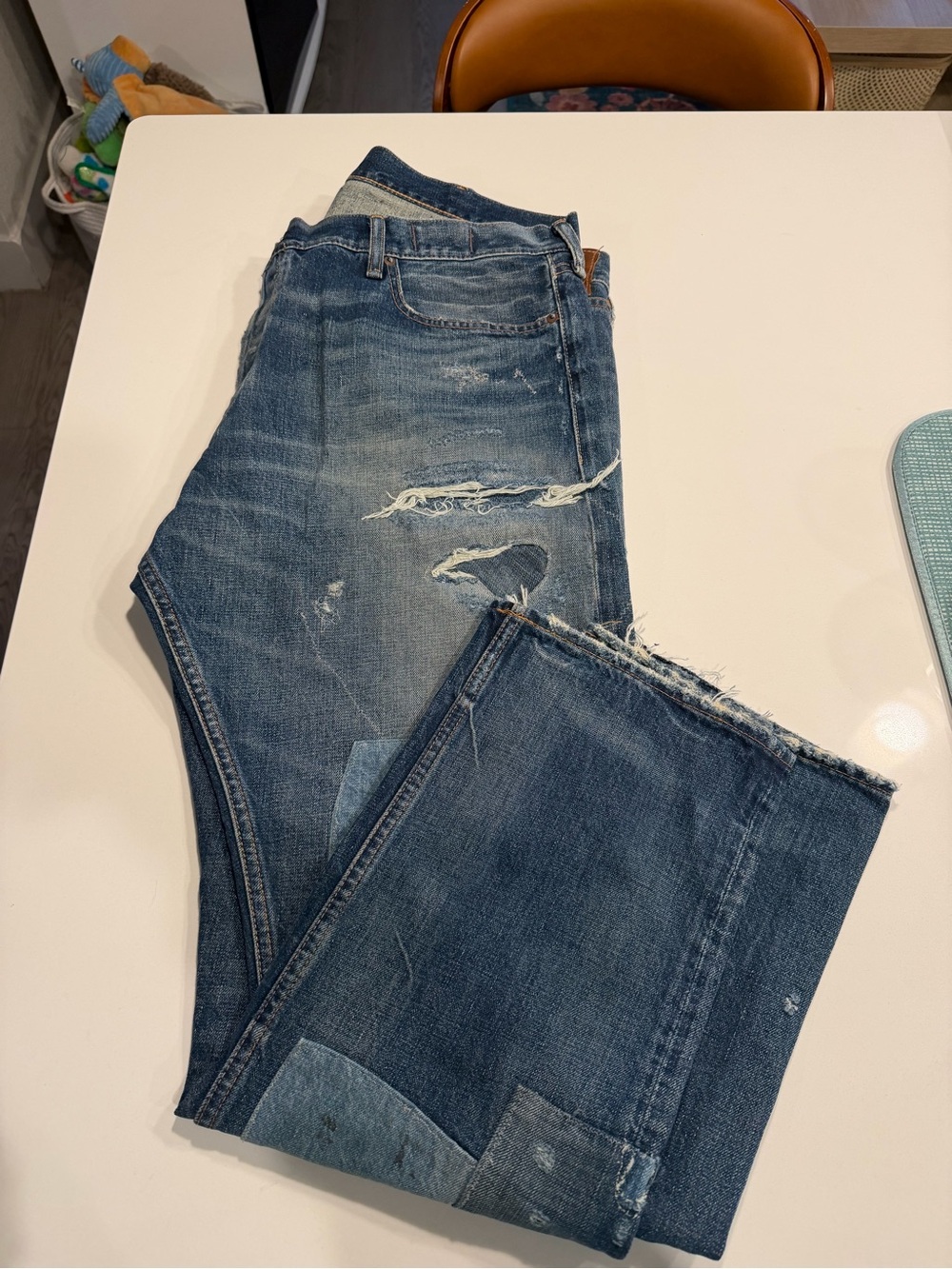 Men's Distressed Blue Denim Jeans - Casual Patch Detail Ralph Lauren 40x30